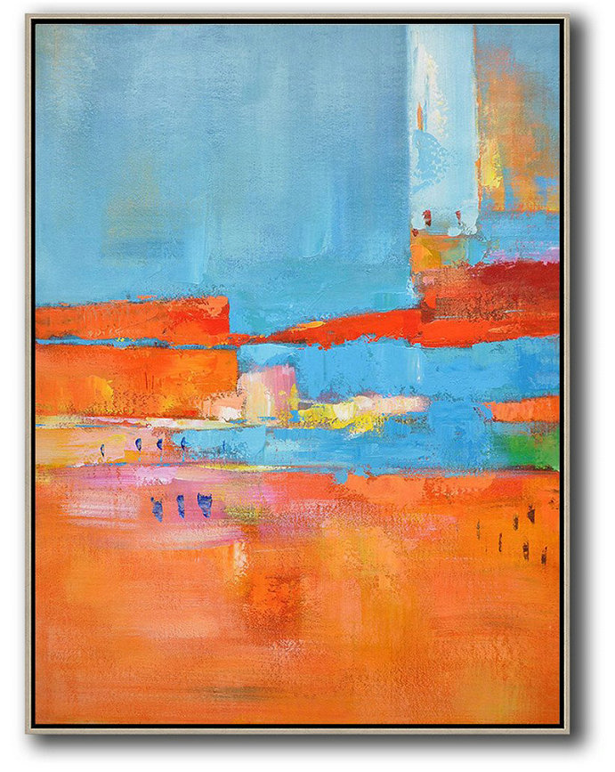 Extra Large Canvas Art,Vertical Palette Knife Contemporary Art,Big Canvas Painting,Red,Orange,Sky Blue,Pink.Etc